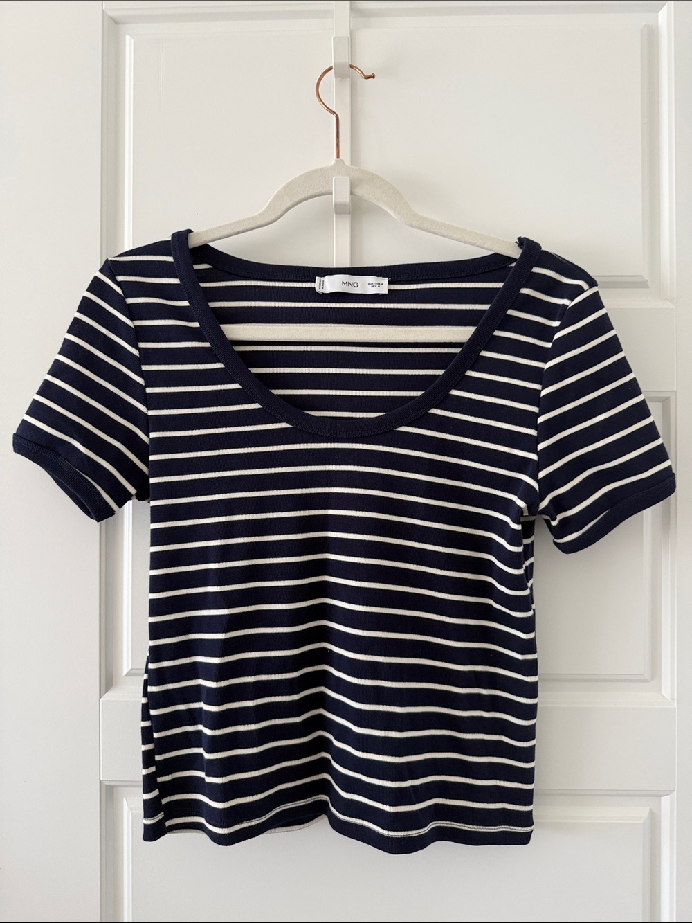 Mango Navy and White Striped Scoop Neck Tee Size Medium